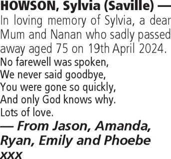Notice for Sylvia Howson