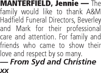 Notice for Jennie Manterfield